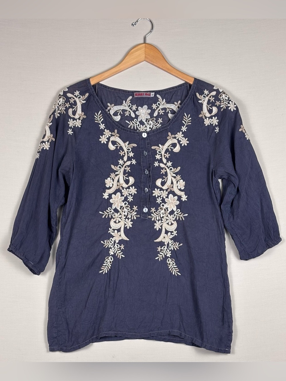 Johnny Was Blue Embroidered Boho Cotton Peasant Blouse Top Size Small